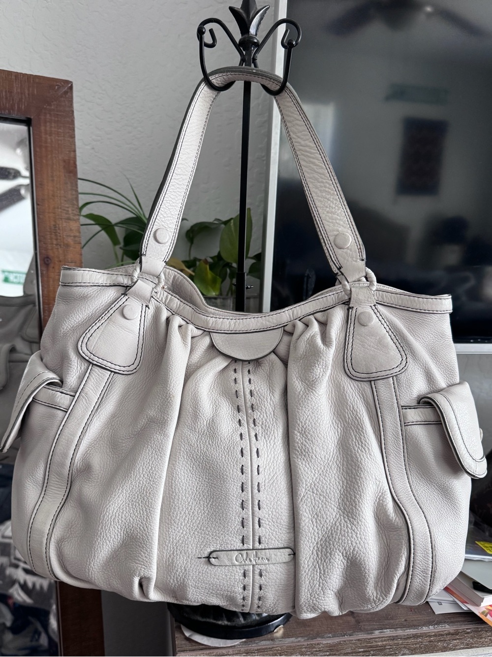 Cole Haan Pebbled Leather Shoulder Bag in Light Grayish Ivory